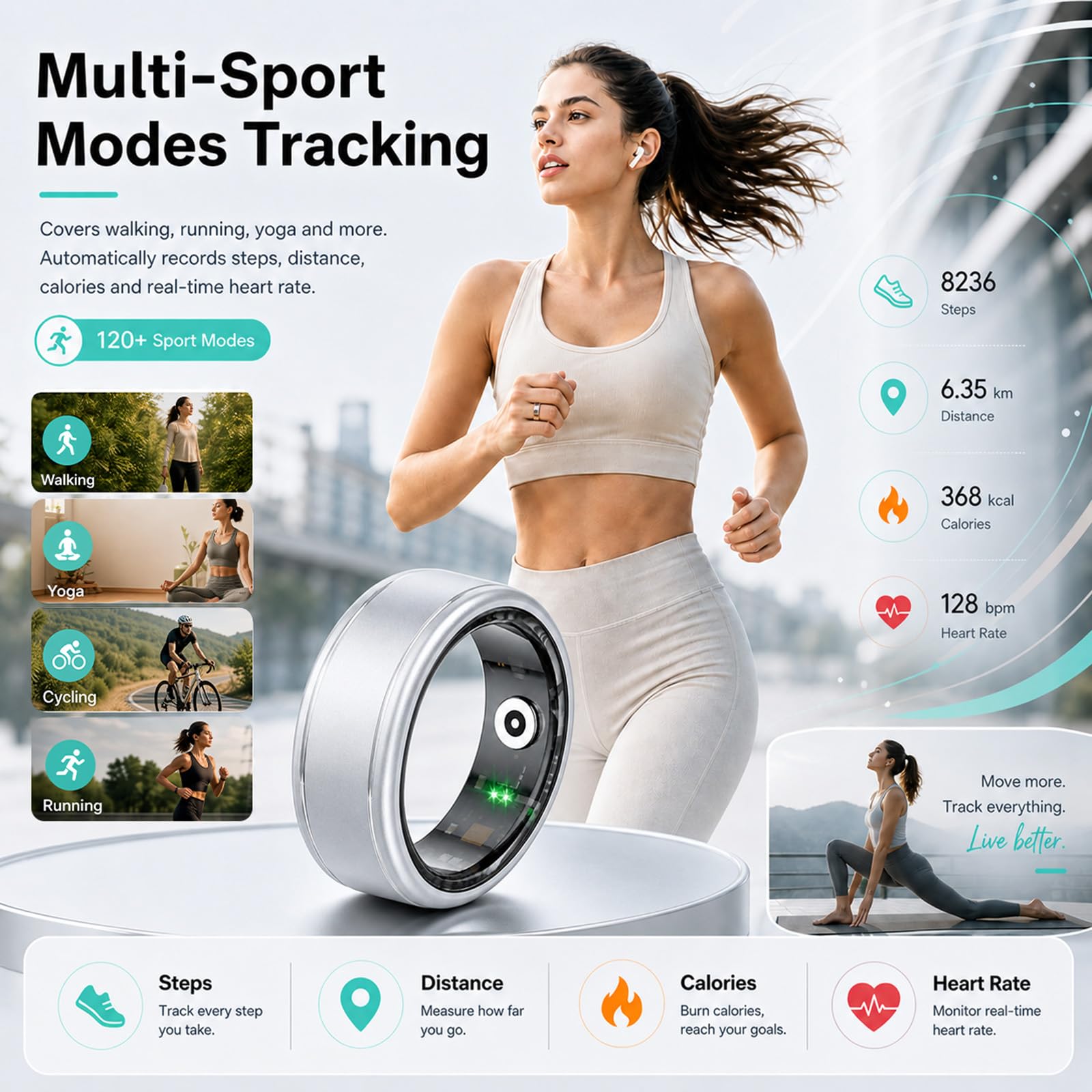 Anillo inteligente para mujeres y hombres, IP68, resistente al agua, con frecuencia cardíaca, oxígeno en sangre y monitor de sueño, anillo de seguimiento de salud compatible con iOS y Android, sin