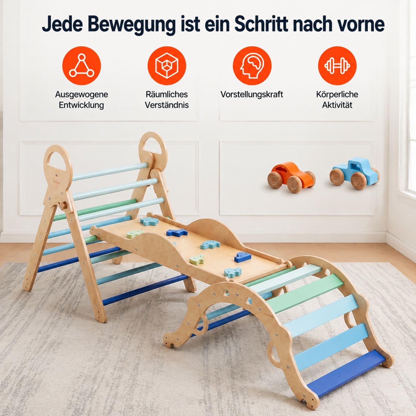 Kletterdreieck, 9-in-1 Kletterspielzeug, mit Holzautos, Kissen, Kletterdreieck, Rutsche & Kletterbogen, bis 68 kg, Montessori Indoor Spielset für Kinder im Alter von 1 bis 3 Jahren, Blau