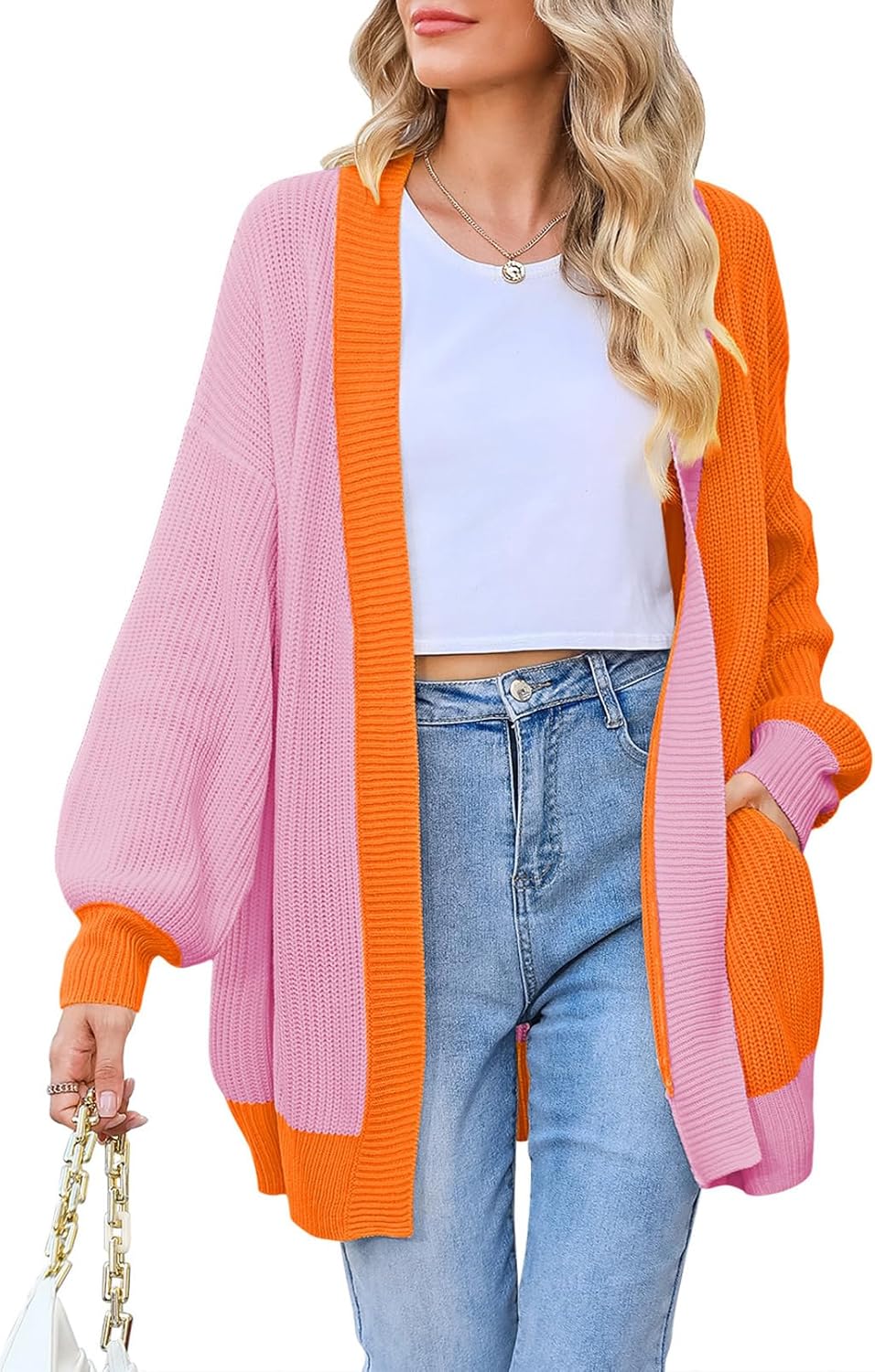 Pink Queen 2025 Fall Long Cardigans for Women Batwing Sleeve Open Front Ribbed Knit Oversized Cardigan Sweaters with Pockets