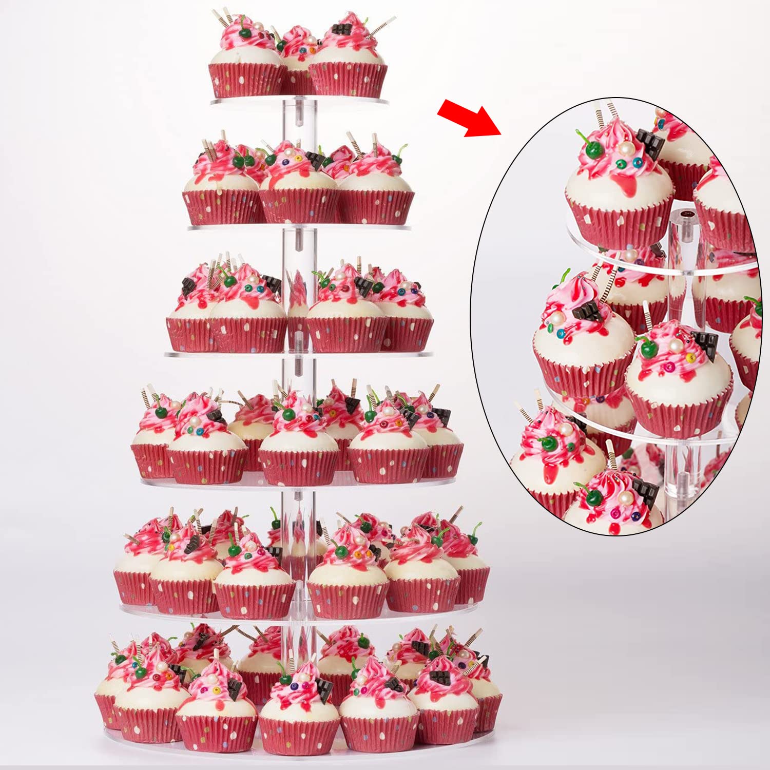 Présentoir Cupcake, 6 Etages Presentoir Gateau pour Mariage, Bébé Fête & L'après-midi Thé, 4mm Épaisseur Acrylique Dessert Tour Support for Muffin et Gâteau, Diamètre 16"/14"/12"/10"/8"/6"