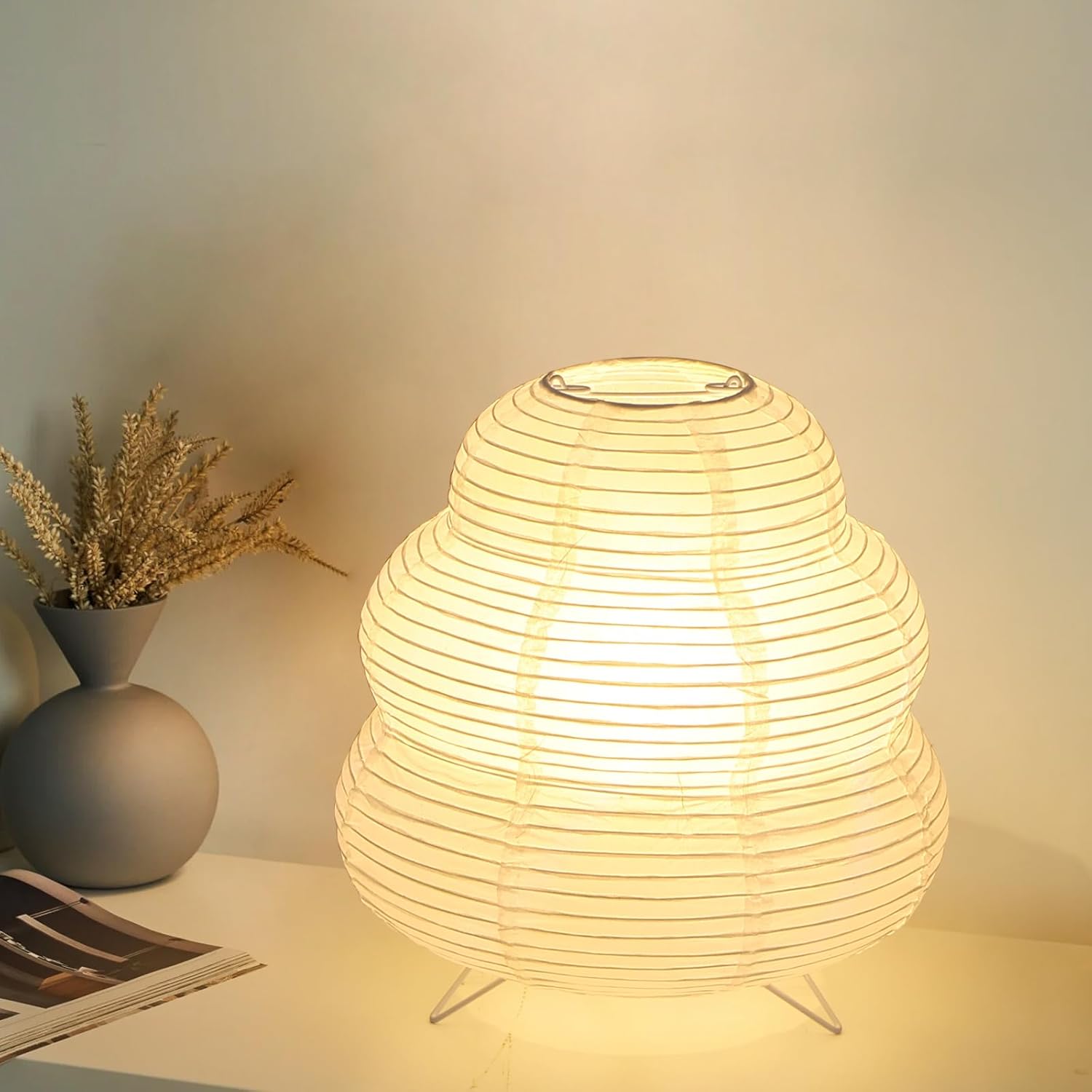Paper Lantern Lamp, Japanese Paper Table Lamp with 3 Color, Cute Wabi-Sabi Rice Paper Lamp for Desk Bedroom Bedside(Bulb Included)