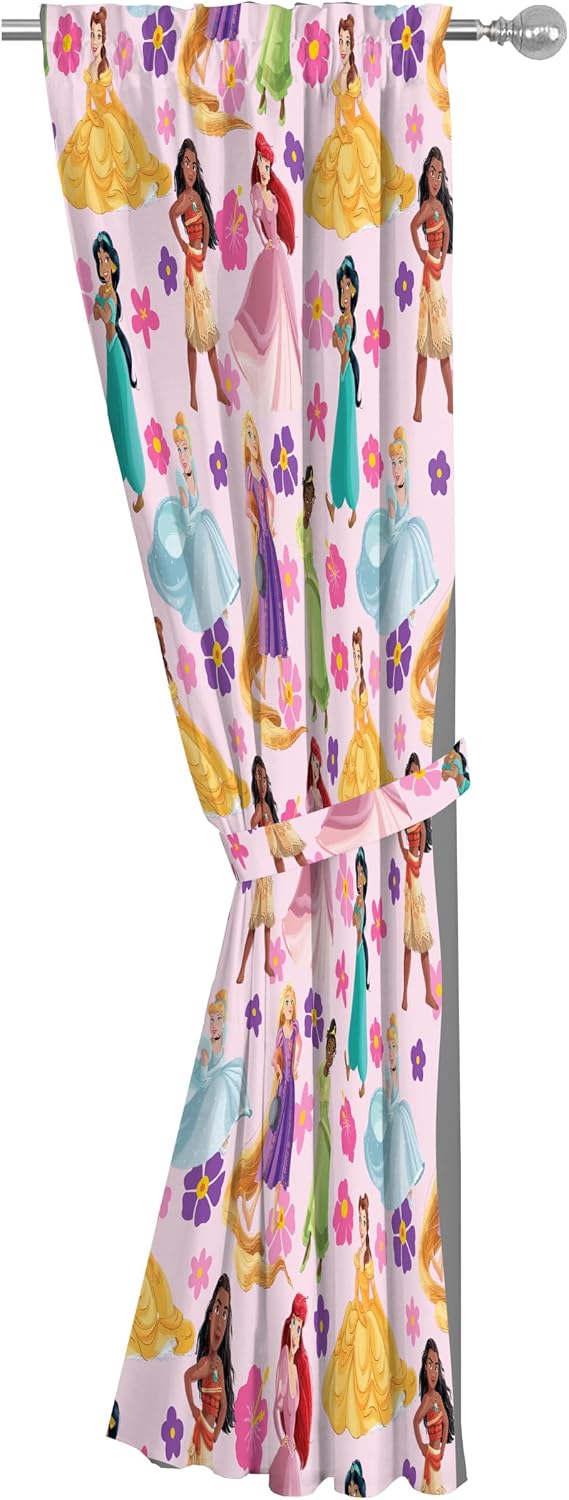 Jay Franco Window Curtains for Kids Bedroom 4-Piece Drape Set with 2 Tiebacks, Pink - Disney Princess, 42" W x 63" L (Pack of 2)