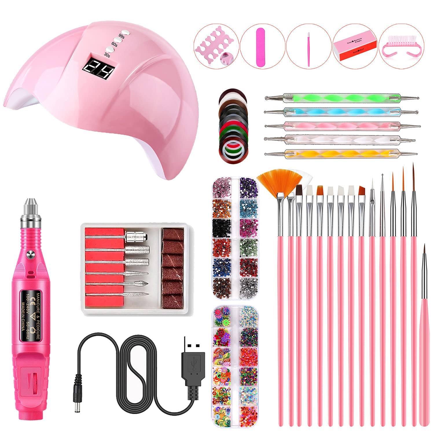 Kiboule Acrylic Nail Kit,Nail Art Tool Set for Beginners with Nail Dryer Nail Drill Machine with Accessories 15pcs Nail Brushes Set 5pcs Dotting Pens 10 Rolls Nail Striping Tape Sticker