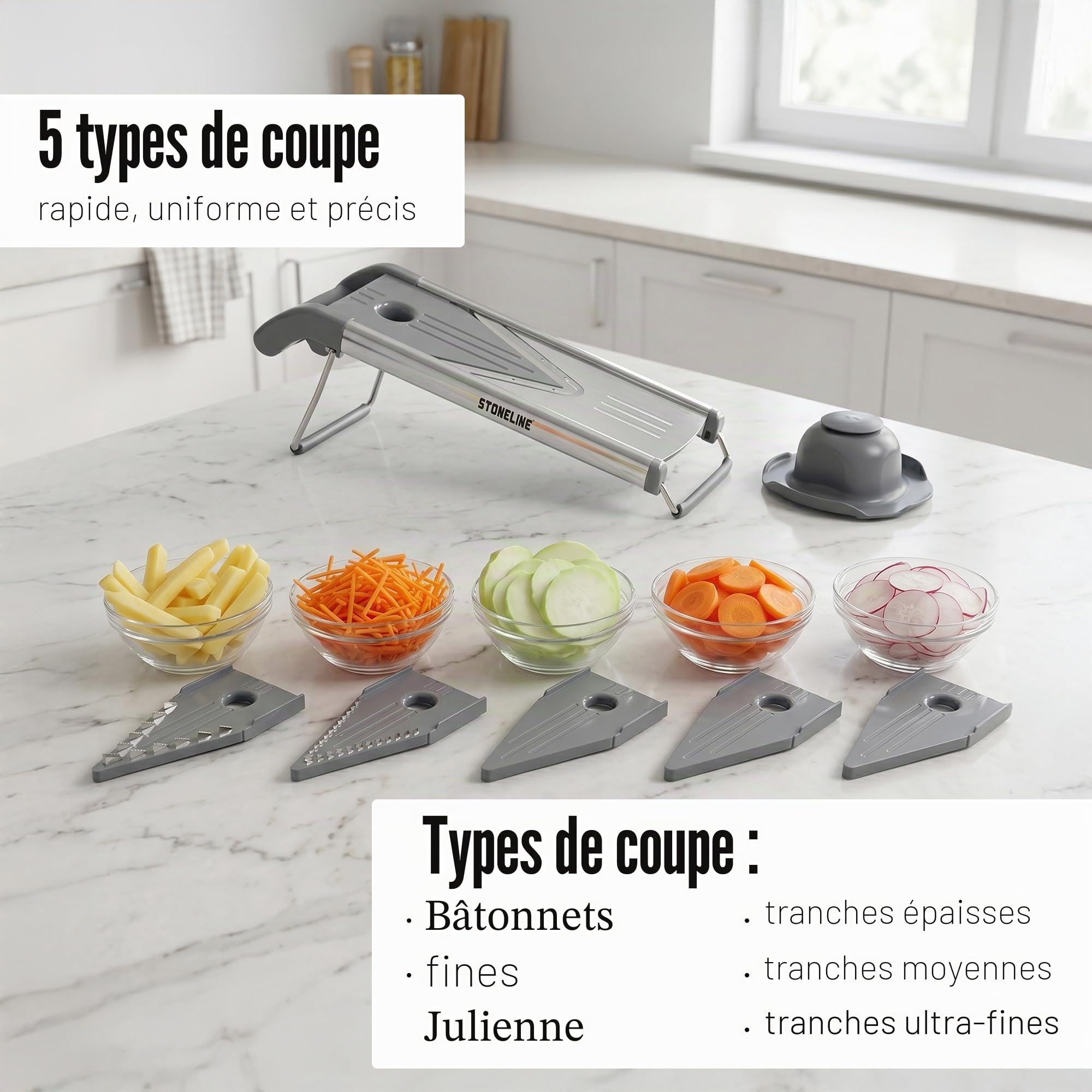 STONELINE Râpe en V, Mandoline à Légumes, polyvalente, pour pour Frites, Coupe-Légumes, avec 5 embouts, Set de 9 Pièces, en Acier Inoxydable