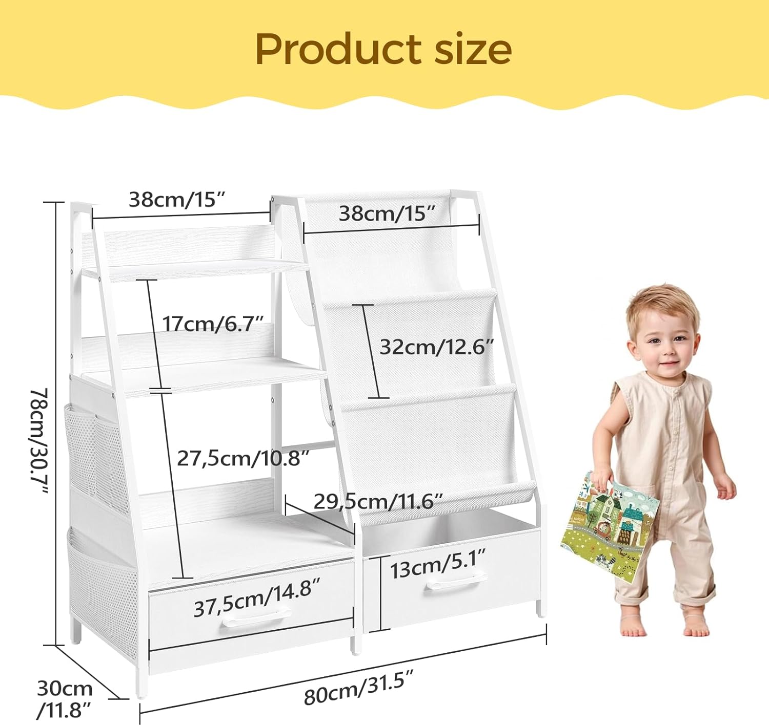 Kids Bookshelf and Toy Storage,3-Tier Sling Bookcase for Kids,Sturdy Toddler Bookshelf for Nursery,Playroom, Bedroom,White KBWT8401