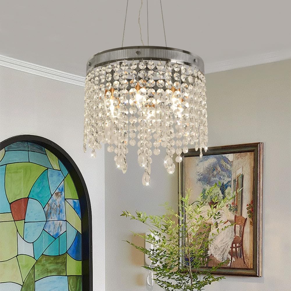 Chrome Crystal Chandelier,Crystal Dining Room Chandelier, Round Hanging 5 Lights Ceiling Pendant Light Fixture Suitable for Dining Room Living Room Kitchen Island Foyer Pendant Lighting