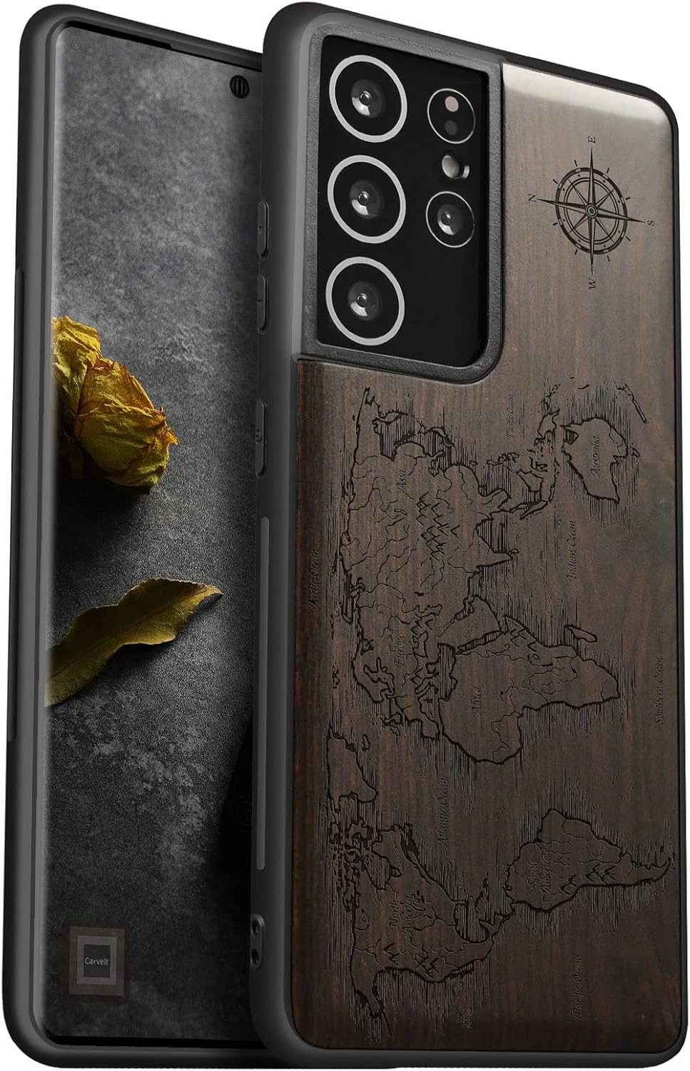 Carveit Wood Case for Galaxy S21 Ultra Case [Natural Wood & Black Soft TPU] Shockproof Hybrid Protective Unique Wooden Cover Compatible with Samsung S21 Ultra 5G (Compass Maps-Blackwood)