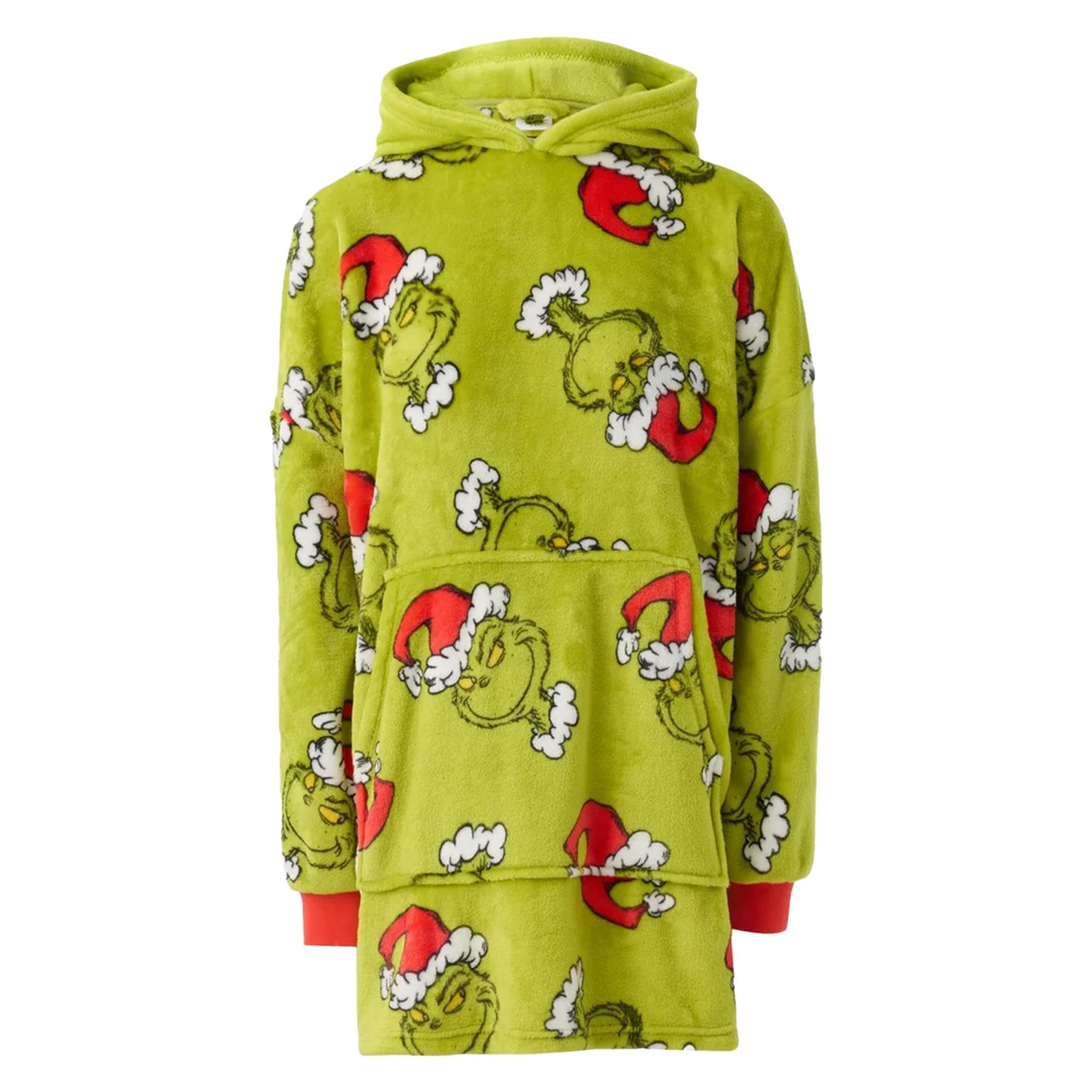 The Grinch Unisex Green Adults Oversized Wearable Blanket | Men & Womens Fleece Fluffy Santa Hat Embroidered Christmas Hooded Pullover | Seasonal Heavyweight Hoodie Loungewear | Xmas Movie Merchandise Gift