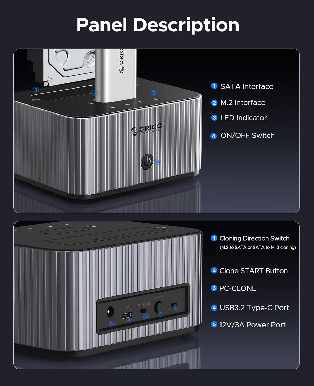 ORICO Hard Drive Docking Station 10Gbps for NVMe SSD & SATA 3.5 HDD with Bidirectional Cloning Type-C Hybrid Docking Station with Independent Aluminum Heat Sink