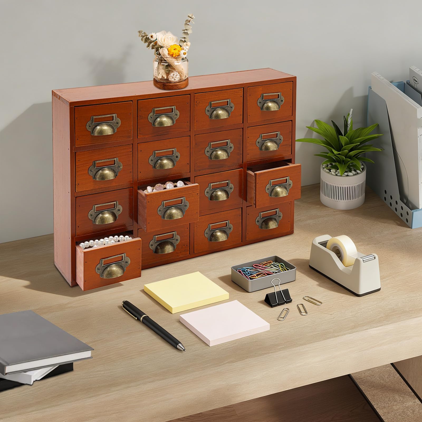 Schreibtisch Organizer 16 Schubladen Aus Holz, Kommode Mit Schubladen Für Schreibtisch & Büro, Organizer Schublade 50x10x35cm Mit Muschelgriff Für Kosmetik & Schmuck