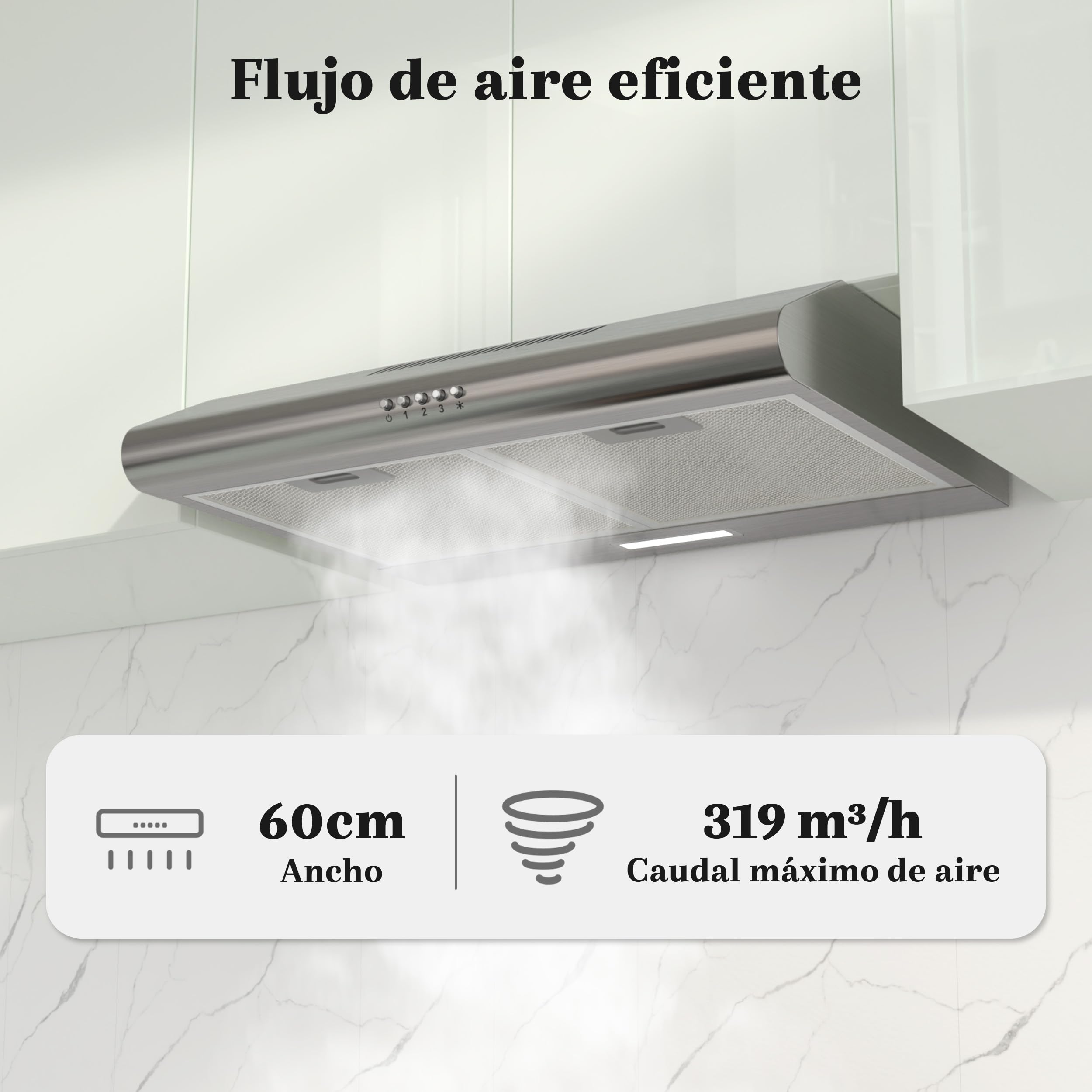 FIREGAS Campana Extractora 60cm A++, Motor Brushless Silencioso 46dB, Capacidad 319m³/h, Acero Inoxidable, Salida Superior/Trasera o Recirculación, Incluye 2 Filtros de Carbón