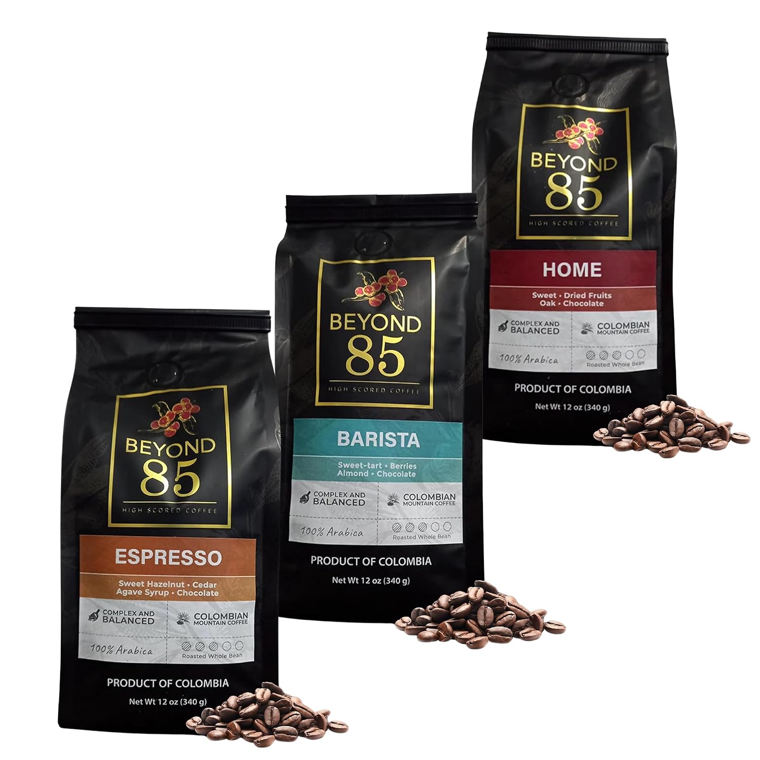 Beyond 85 Espresso, Home and Barista Colombian Coffee Whole Bean Bundle, 340g Each Bag