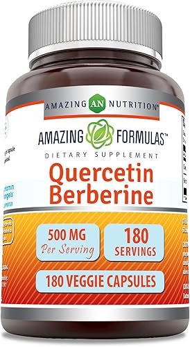Amazing Formulas Quercetina Berberina - 250 mg de berberina y 250 mg de quercetina, suplemento de 180 cápsulas vegetales | Sin OMG | Sin gluten |