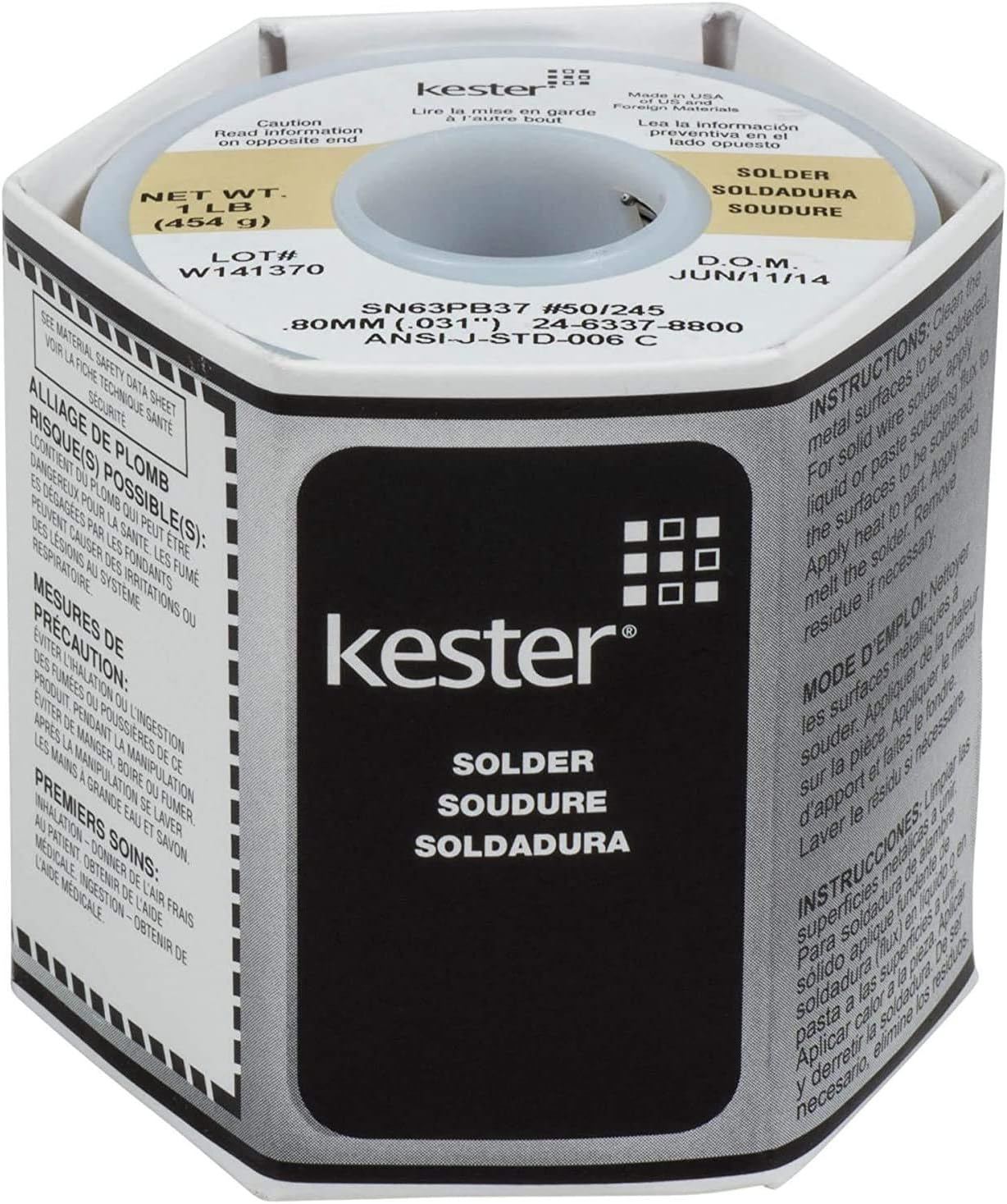 Kester 24-6337-8800 50 Activated Rosin Cored Wire Solder Roll, 245 No-Clean, 63/37 Alloy, 0.031" Diameter (Single Pack)