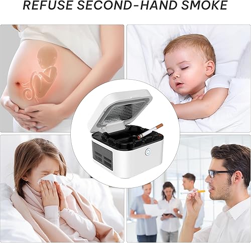 Miniatura 6 de FUKANG Cenicero sin humo, cenicero de humo multifuncional con USB recargable, filtro HEPA que reduce el humo para el hogar, oficina (blanco)