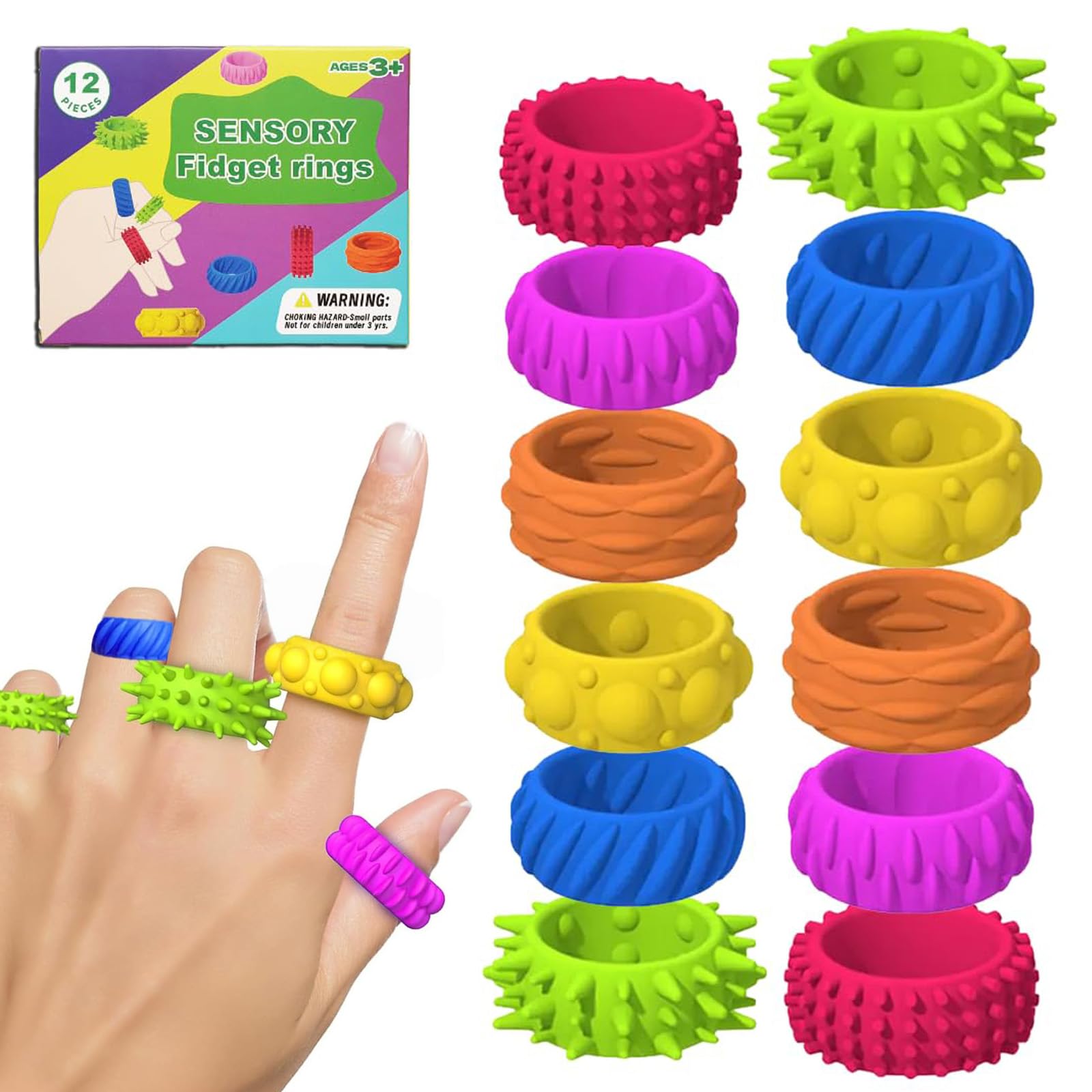 Fidget Toy Sensory Rings Adults, 12PCS Silent Fidget Toys for Anxiety Relief & Autism, Sensory Rings for Classroom Focus