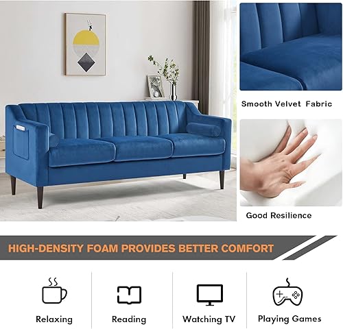 Miniatura 3 de Altillo Moderno sofá Chesterfield de 3 plazas con bolsillo lateral de almacenamiento, cómodo sofá tapizado de terciopelo con patas de madera de