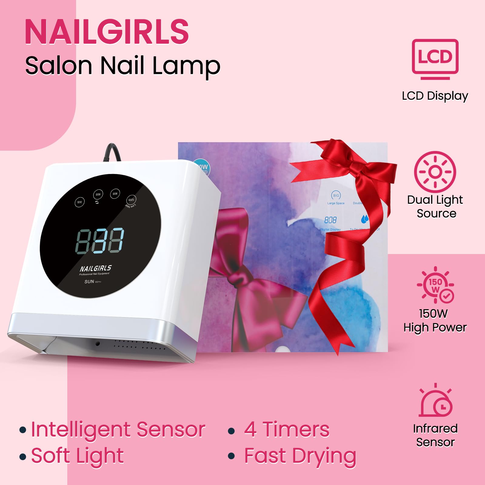 NAILGIRLS Lampes à Ongles LED, 150W Professionnelle pour Séchage Rapide des Gels, avec Capteur Automatique et Affichage LCD pour Usage Domestique et Salons d'Onicologie