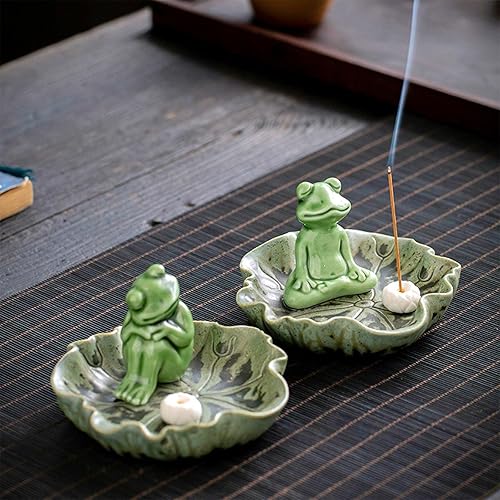 Miniatura 2 de FKOG Lindo soporte de incienso de rana de cerámica para palos, soporte para varillas de incienso de rana de árbol, quemador de incienso de hoja de