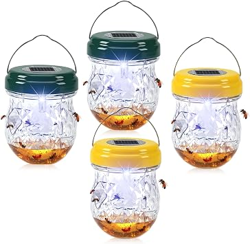 2026 New Wasp Traps Outdoor Hanging with LED Light, 4 Packs Wasp Trap Catcher, Yellow Jacket Traps, Solar Powered Hornet Trap Wasps for Yellow Jackets, Hornets, Waterproof ReusableGreen+Yellow