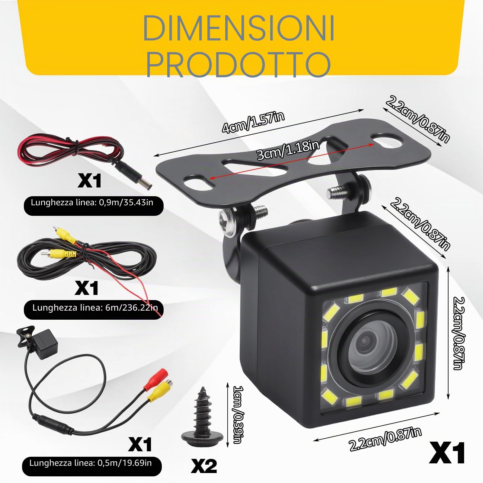 Set Telecamera per Auto 720P, Telecamera Auto Impermeabili IP68 con Grandangolo 170°, Telecamera Retromarcia con Visione Notturna Chiara e 12 LED per Camper, Camion, Pick-up e Rimorchi, Cavo da 6 m