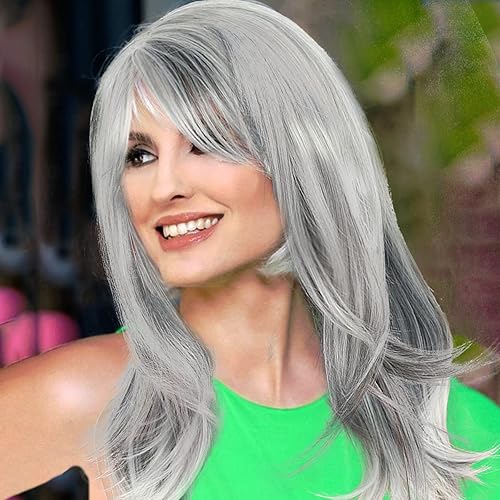 Miniatura 4 de CINHOO Peluca larga ondulada negra con flequillo de cortina, peluca de corte de pelo largo para mujer, pelucas rizadas y onduladas, peluca ondulada