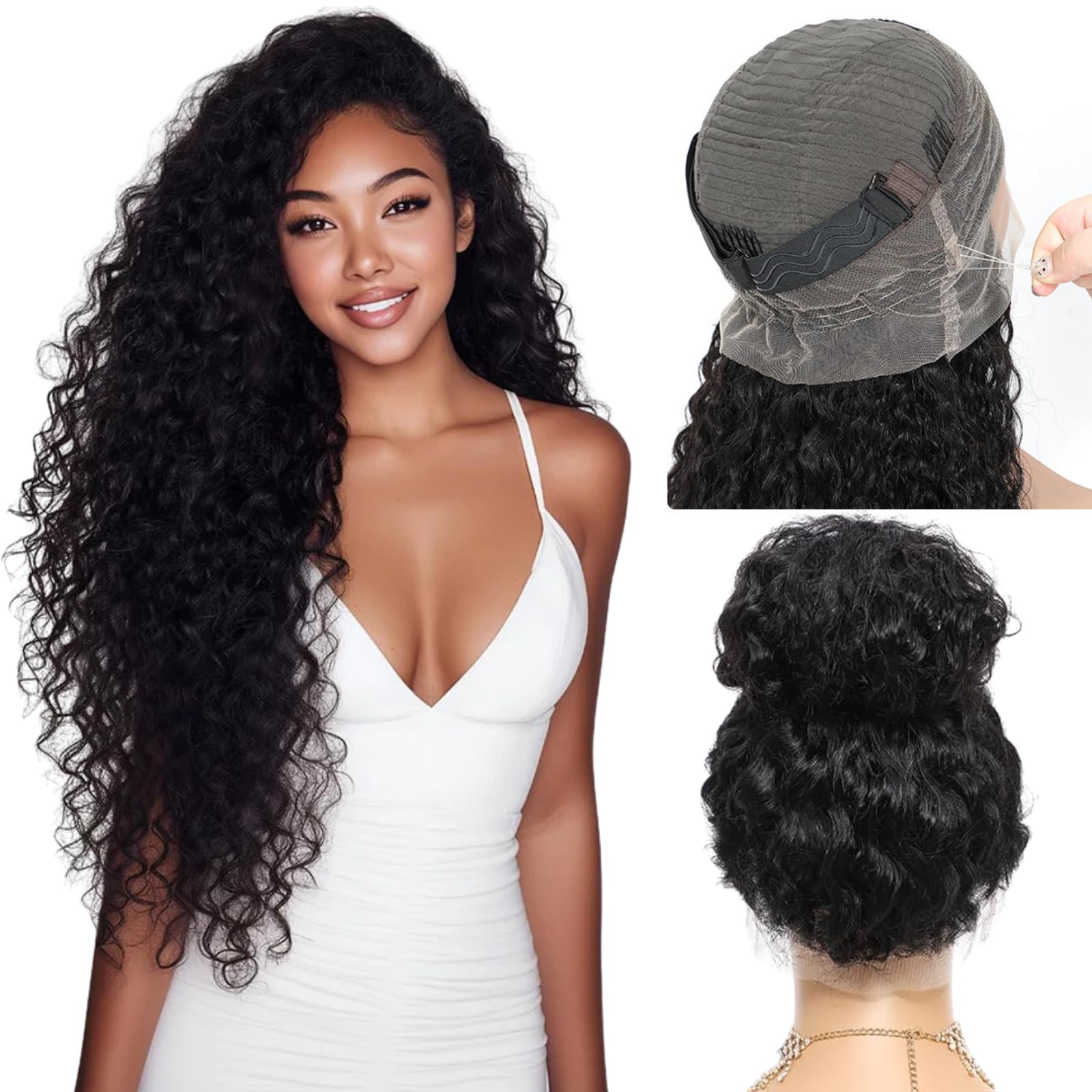 Photo 1 of Hidden Strap Water Wave 360 Glueless Wigs Human Hair Pre Plucked Bleached Konts Skinlike HD Lace Frontal Wigs Human Hair with Drawstring 250 Density Natural Hairline Human Hair Wigs for Women 26 inch