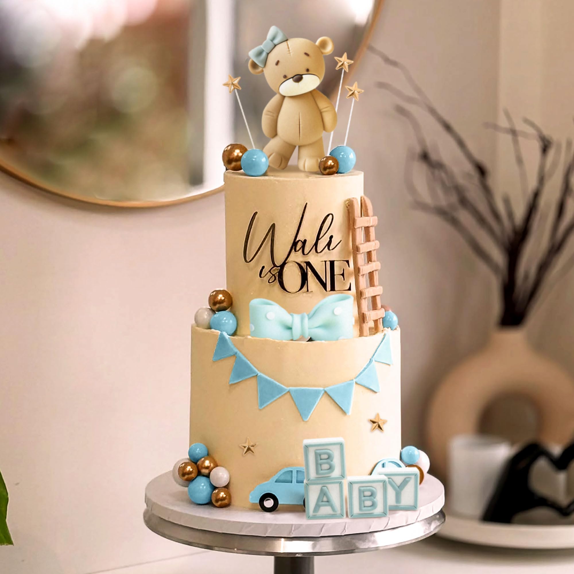 Blue Bear Cake Topper With Gold Balls - Baby Shower & Birthday Party ...