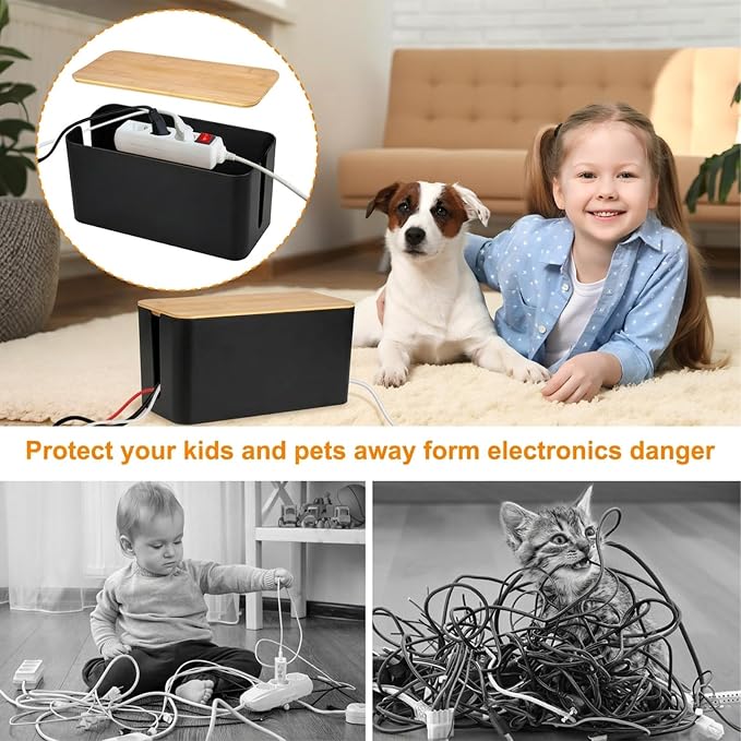 Caja organizadora para cables, cubierta para cables y protectores de cableado para centro de entretenimiento, oficina y escuela (madera negra) miniatura 2