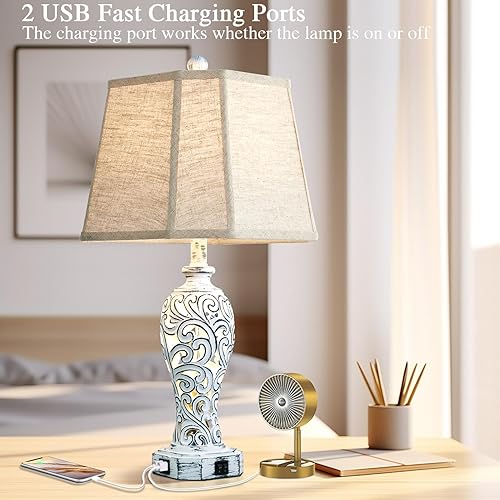 Miniatura 2 de Juego de 2 lámparas de mesa de granja de 25 pulgadas para sala de estar, dormitorio, 2 puertos USB, lámpara de mesa rústica vintage con luz