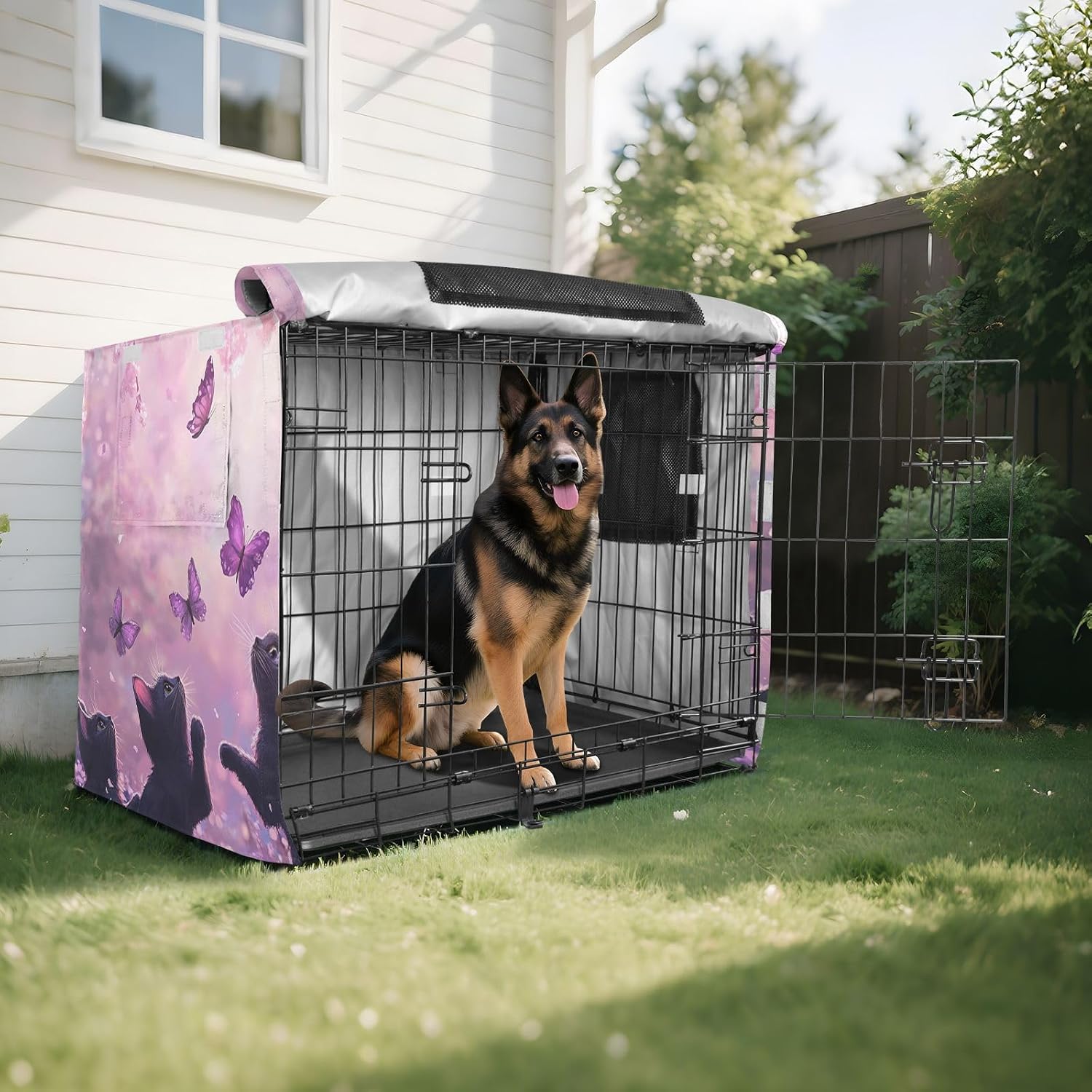 Dog Crate Cover Kennel Cover for Dog Cages Breathable for Wire Cage Indoor Outdoor Cherry Blossom Black Cats and Butterfly