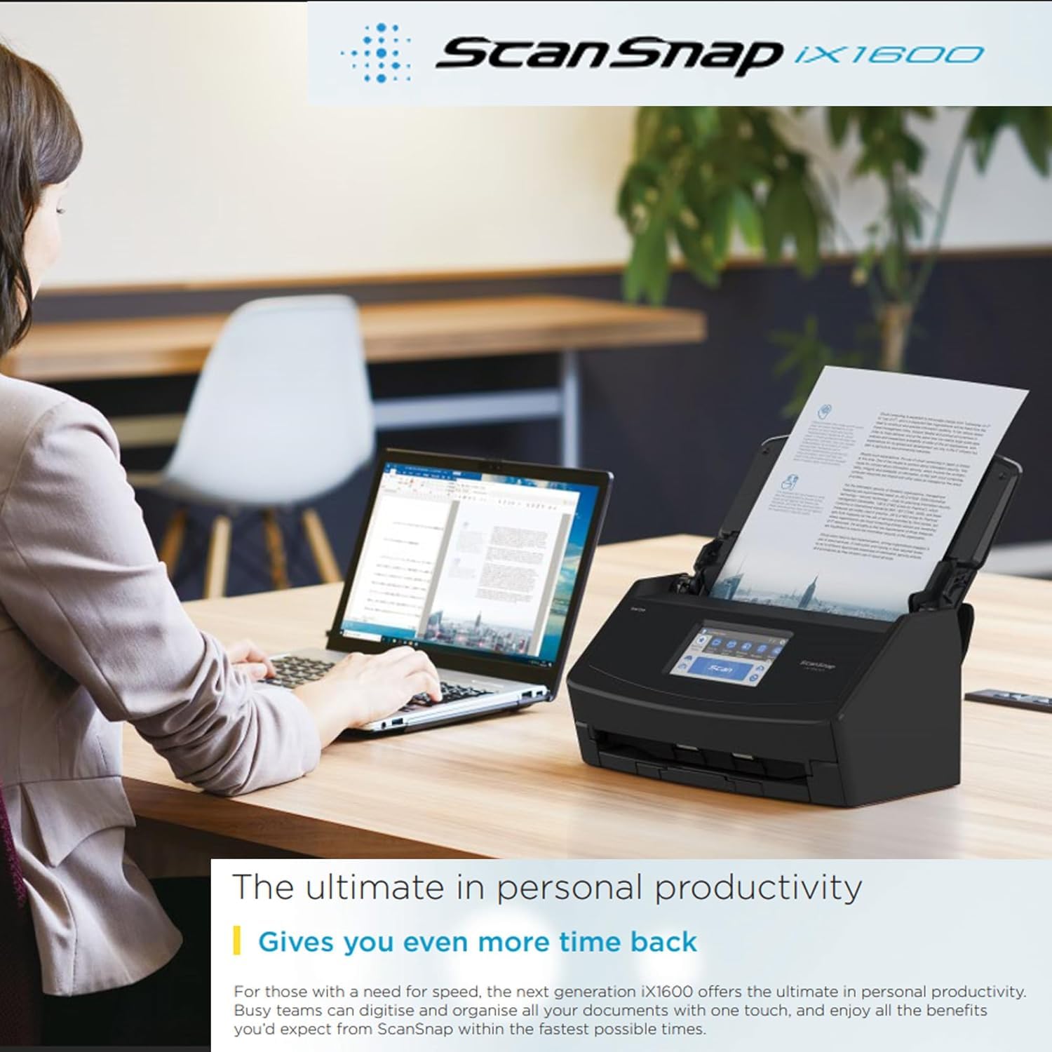 ScanSnap iX1600 Profi-Büroscanner A4 – Hochleistungs-Duplex-Dokumentenscanner mit 50-Blatt ADF, 40 ppm, Touchscreen, WLAN & Cloud-Anbindung, USB 3.2, Schwarz