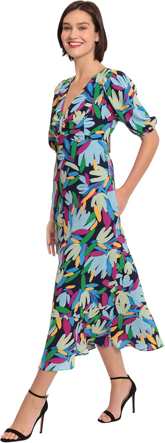 Donna Morgan Womens V-Neck Midi with Twist Empire Detail and Short Sleeves - Image 3