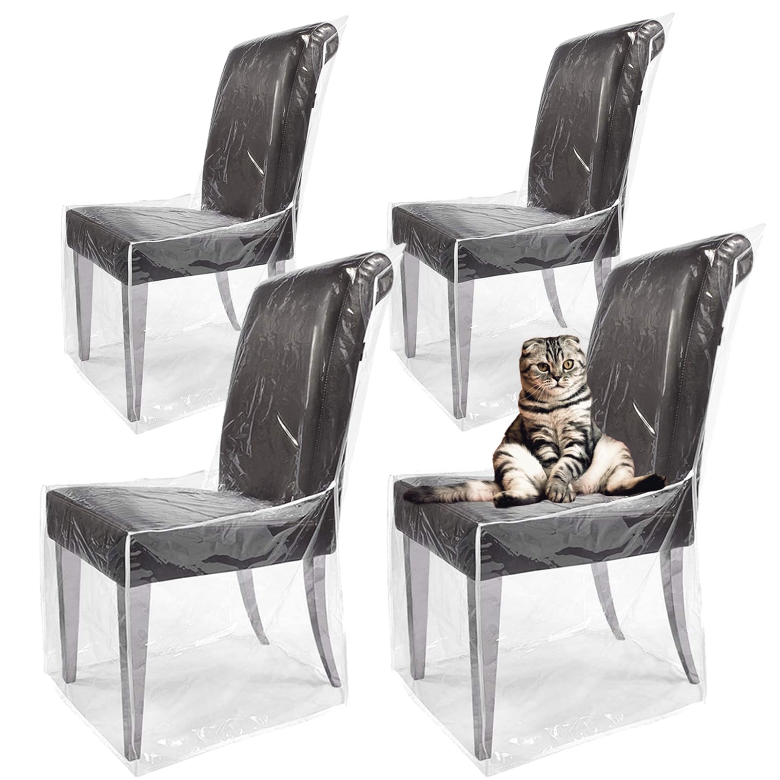 SagaSave: Fundas de plástico para sillas de comedor, juego de 4 fundas de asiento de PVC transparente para sillas, protector contra el agua, el polvo y los arañazos del gato