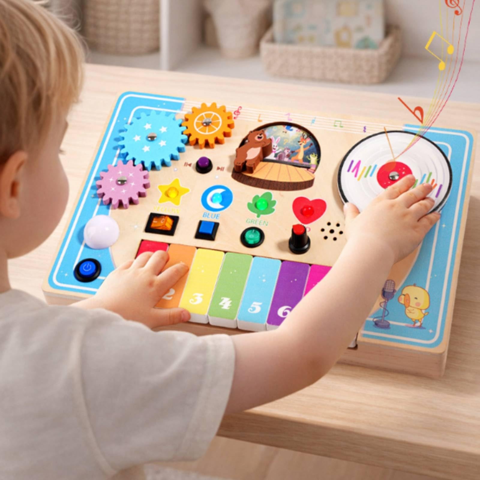 Tablero de Actividades Musical Infantil de Madera y Discos para Niños Pequeños Juguete Educativo Sensorial para Desarrollo de Motricidad Fina Adecuado para Regalo y Juego en Casa