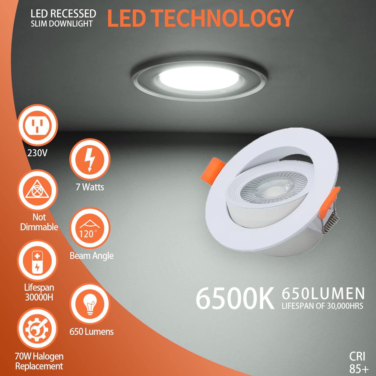 Focos Empotrables LED, 3 Pack 7W LED Empotrable Techo Redondo, 650LM, 6500K Blanco Frío, No Regulable, AC 220-240V Downlight Redondo Extraplano, Ángulo Rotable 40°