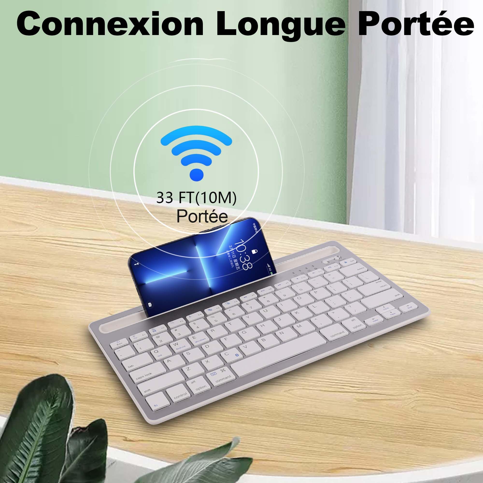 Clavier Filaire Bluetooth, Clavier QWERTY Silencieux Rechargeable Ultra-Mince, 78 Touches,Prend en Charge la Commutation Entre 2 Appareils, aAec Support Intégré,pour iPad,Tablettes,Smartphones(argent)