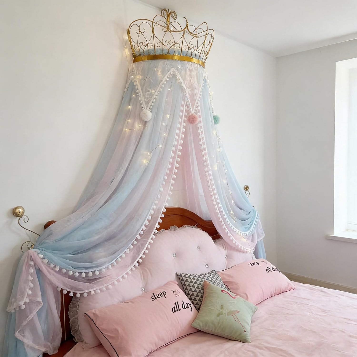 BK&MF Princess Crown Bed Canopy for Girls Room, Double Layer Lace Tulle Mosquito Net for Bed Pink Nursery Decor, Bed Drapes Netting for Full Queen King Size Bed,E,100cm(39") Twin