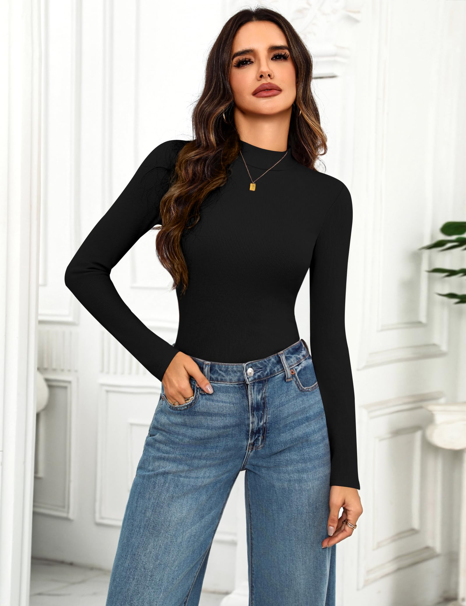 Aottori Maglia Donna con Collo Alto Cotone a Coste Tshirt Maniche Lunghe Slim Fit Maglietta Peluche Interna Termica Top Basic Bianca Primavera Autunno Inverno S-XXL
