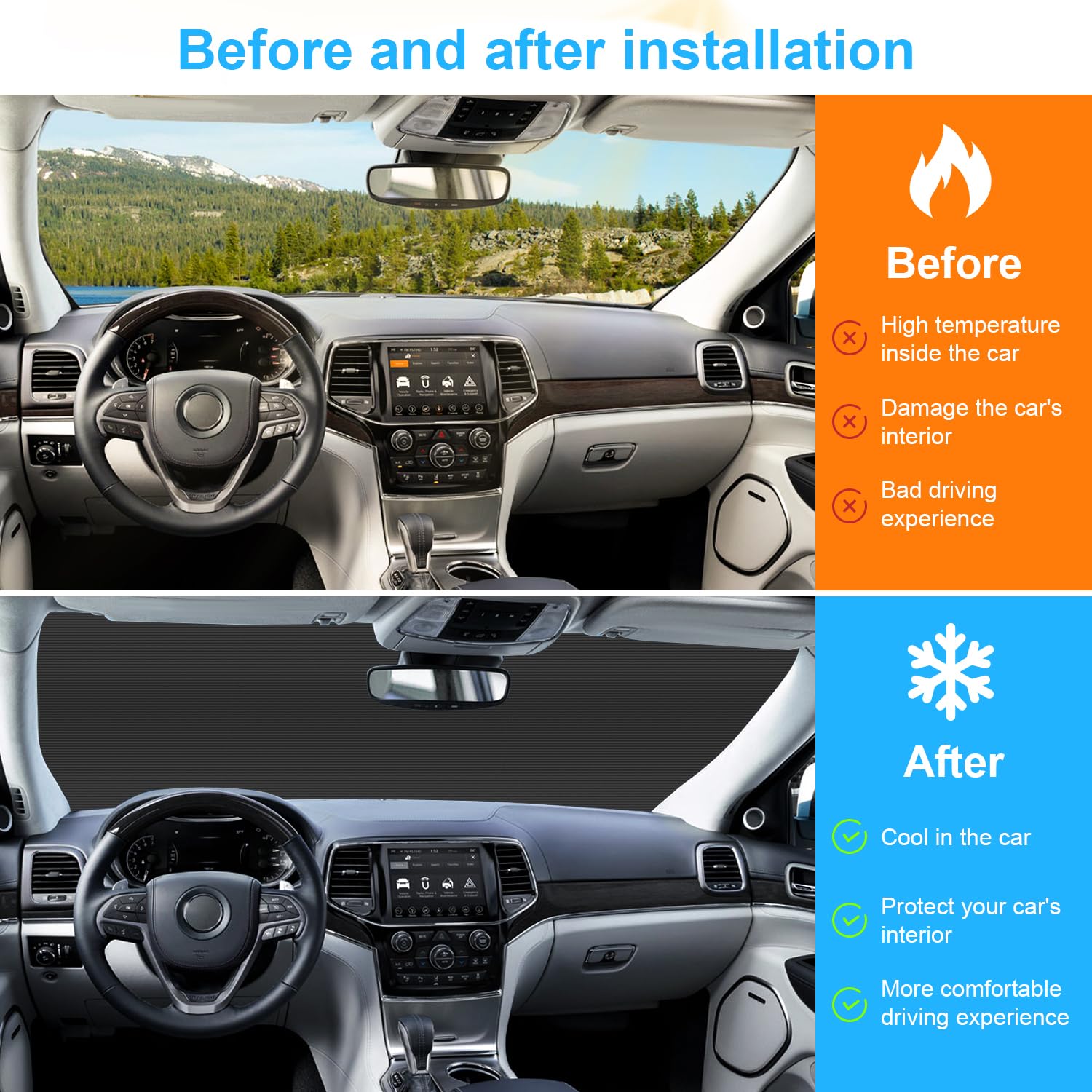 RT-TCZ Parasol Plegable para Parabrisas de Aluminio para Jeep Grand Cherokee 2011-2020