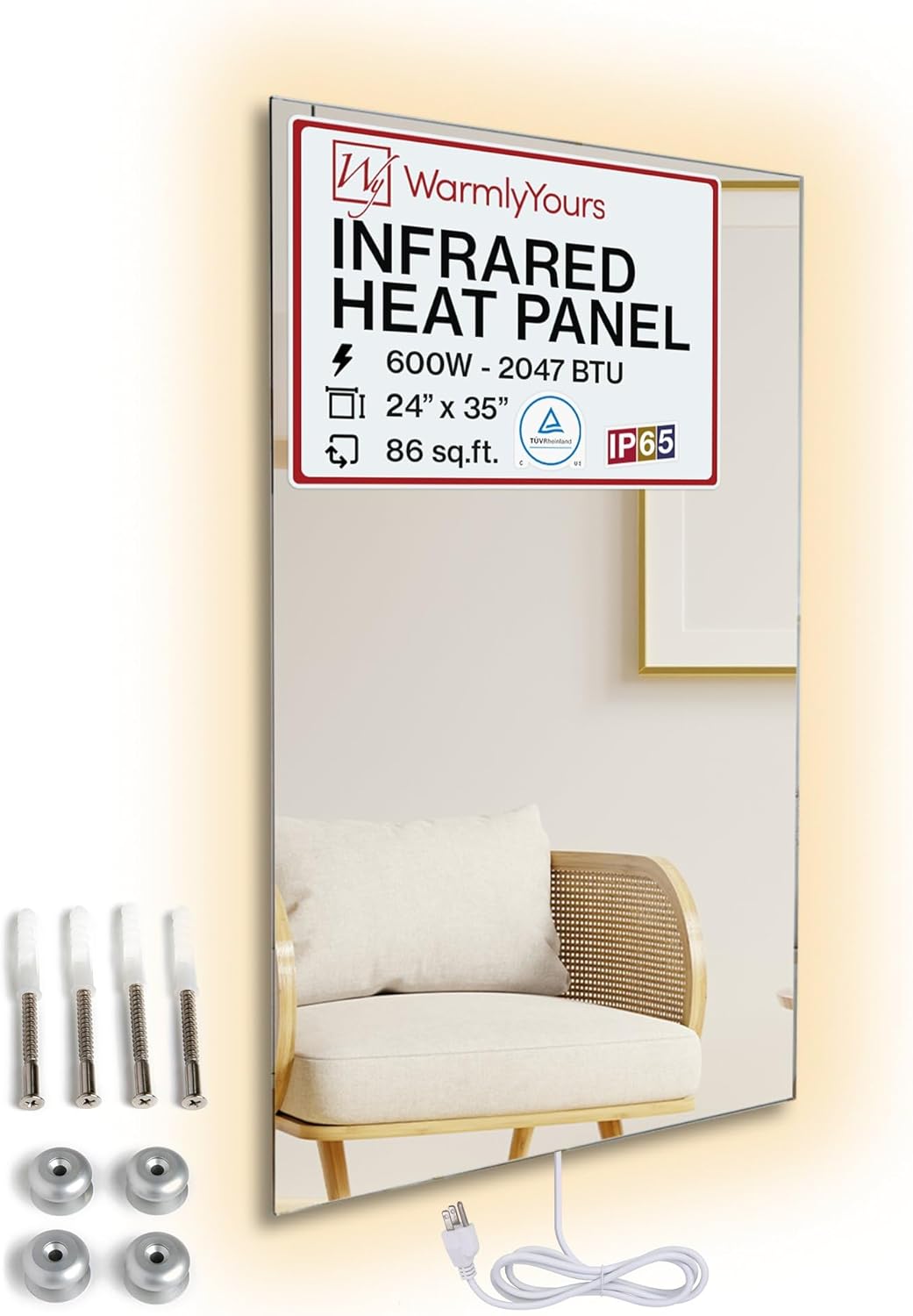 Infrared Wall Heater Panel Glass Mirror 600W Electric Radiant Heat Panel 24x35in. Energy Efficient Space Heater, Wall Mounted Infrared Heater for Indoor Use, Silent Heating Panel for Bathroom, Bedroom