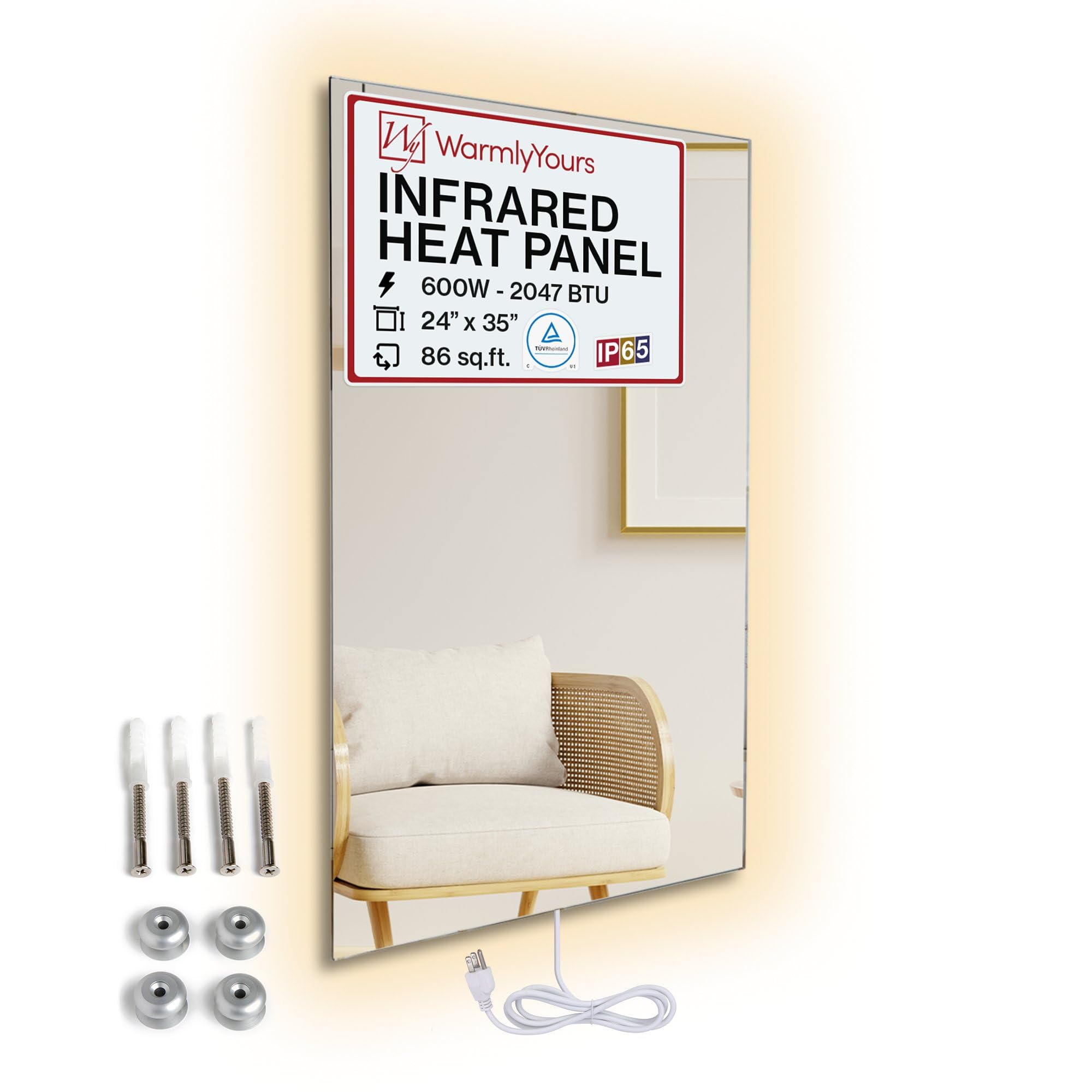 WarmlyYours Radiant Panel Heater - Glass Mirror 24 x 35 in. Energy-Saving Infrared Electric Space Heater, Wall-Mounted Heating in Rooms up to 86 sqft, Plug-in or Hardwired (Ember Glass Mirror 600W)