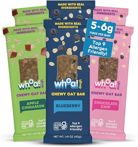 Whoa! Dough Top 9 Allergen Free Chewy Oat Bars - 3-Flavor Variety Pack | (6) 1.41 oz Individually Wrapped Bars | 5-6g Fiber, Allergen Friendly, Gluten-Free & Plant-Based Granola Oat Bars – Apple Cinnamon, Blueberry, & Chocolate Chip