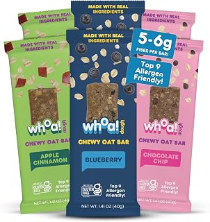Whoa! Dough Top 9 Allergen Free Chewy Oat Bars - 3-Flavor Variety Pack | (6) 1.41 oz Individually Wrapped Bars | 5-6g Fiber, Allergen Friendly, Gluten-Free & Plant-Based Granola Oat Bars – Apple Cinnamon, Blueberry, & Chocolate Chip