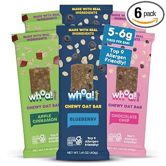 Whoa! Dough Top 9 Allergen Free Chewy Oat Bars - 3-Flavor Variety Pack | 6 1.41 oz Individually Wrapped Bars | 5-6g Fiber, Allergen Friendly, Gluten-Free & Plant-Based Granola Oat Bars Apple Cinnamon, Blueberry, Chocolate Chip