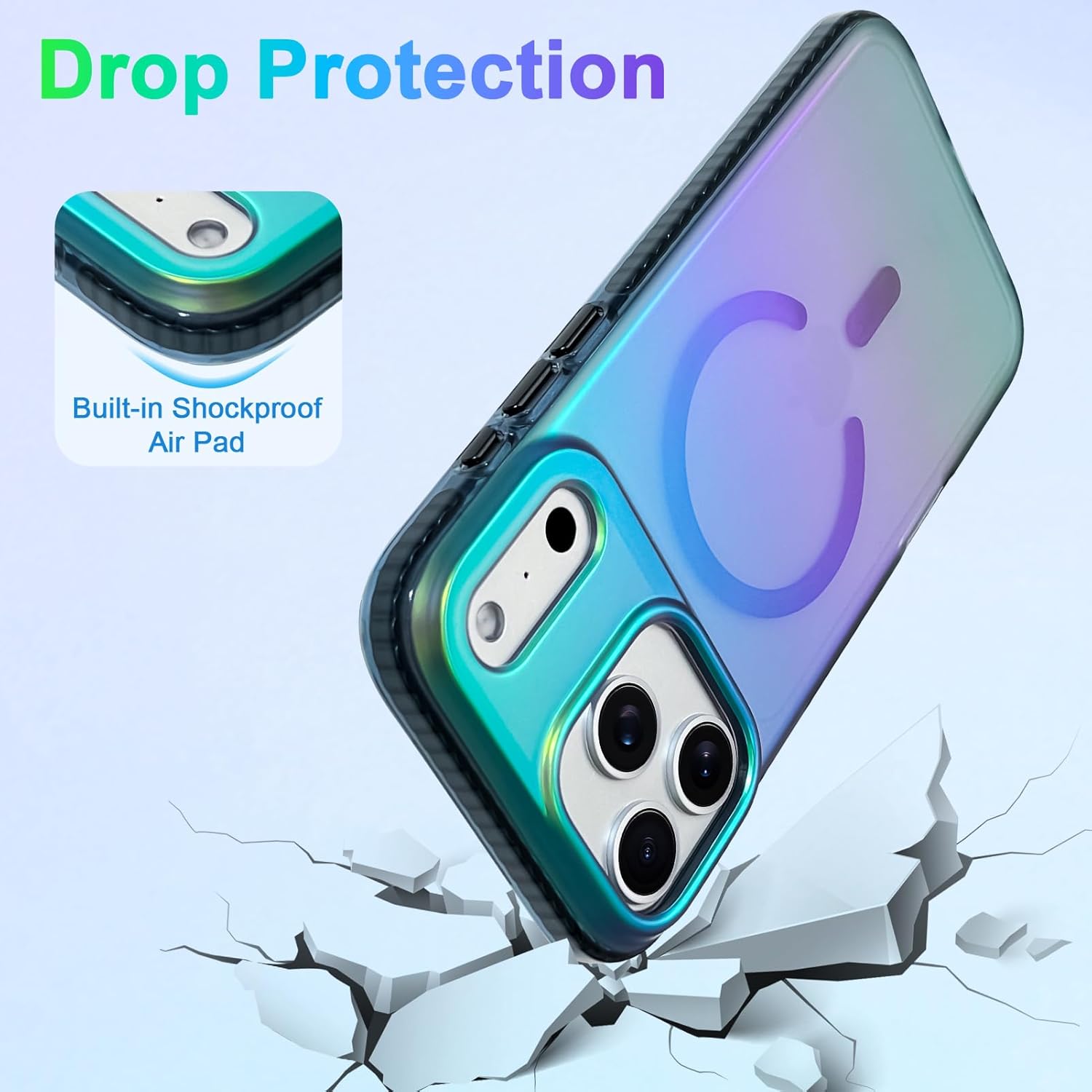 Aesthetic Case for iPhone 17 Pro Case for Women Girls [Compatible with Magsafe] Cute Girly Trendy Glitter Sparkly Rainbow Magnetic Protective Phone Cover, Matte Iridescent Blue & Green - Image 5