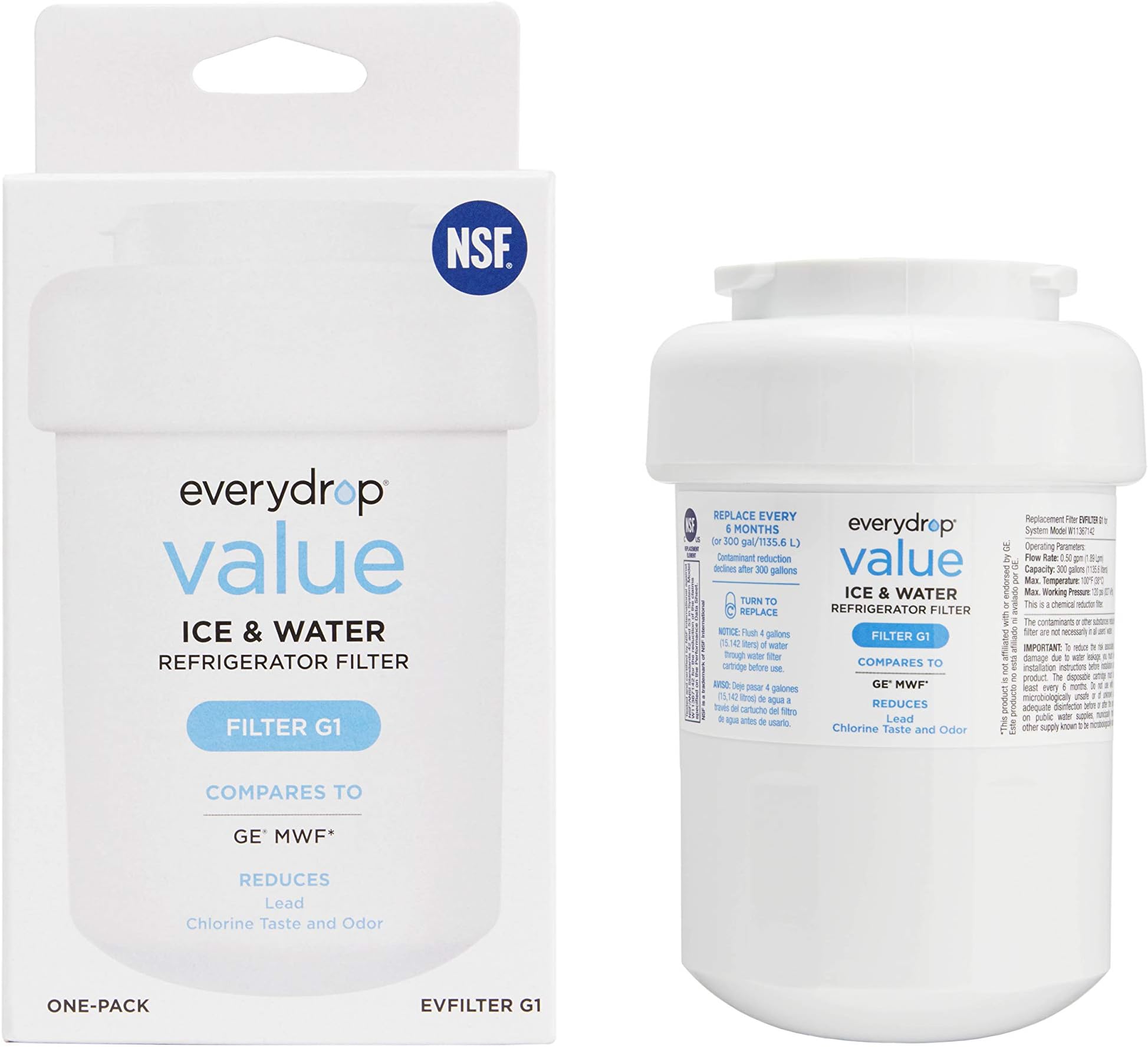 everydropValue by Whirlpool, Replacement for GE MWF Refrigerator Water Filter, EVFILTERG1, Single-Pack