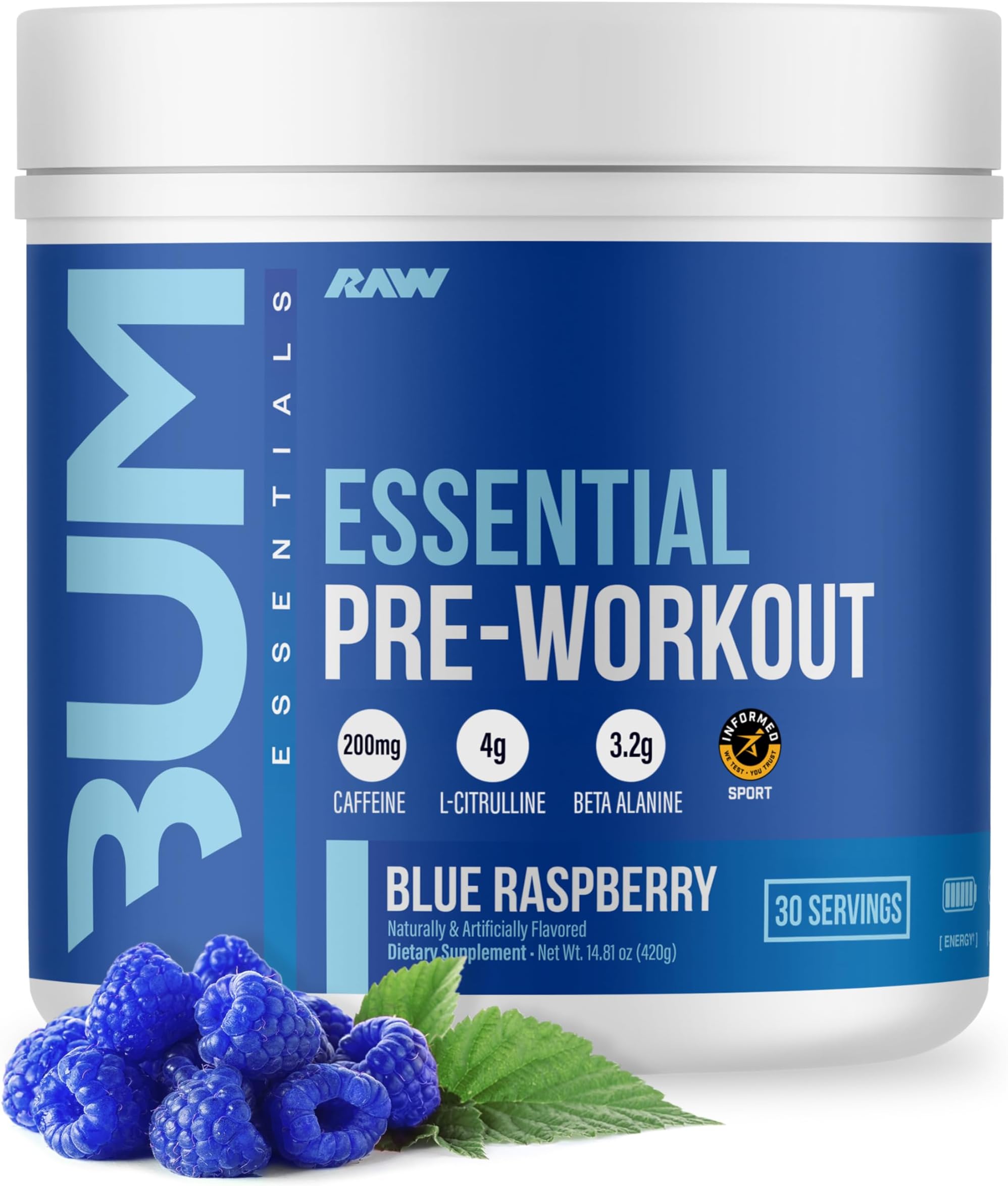 Raw Essential Pre-Workout | Unmatched Energy & Focus | Enhanced Muscle Pumps | For All Athletes | Caffeine Fueled | L-Citrulline Enhanced | Ultimate Workout Boost | Blue Raspberry | 30 Servings