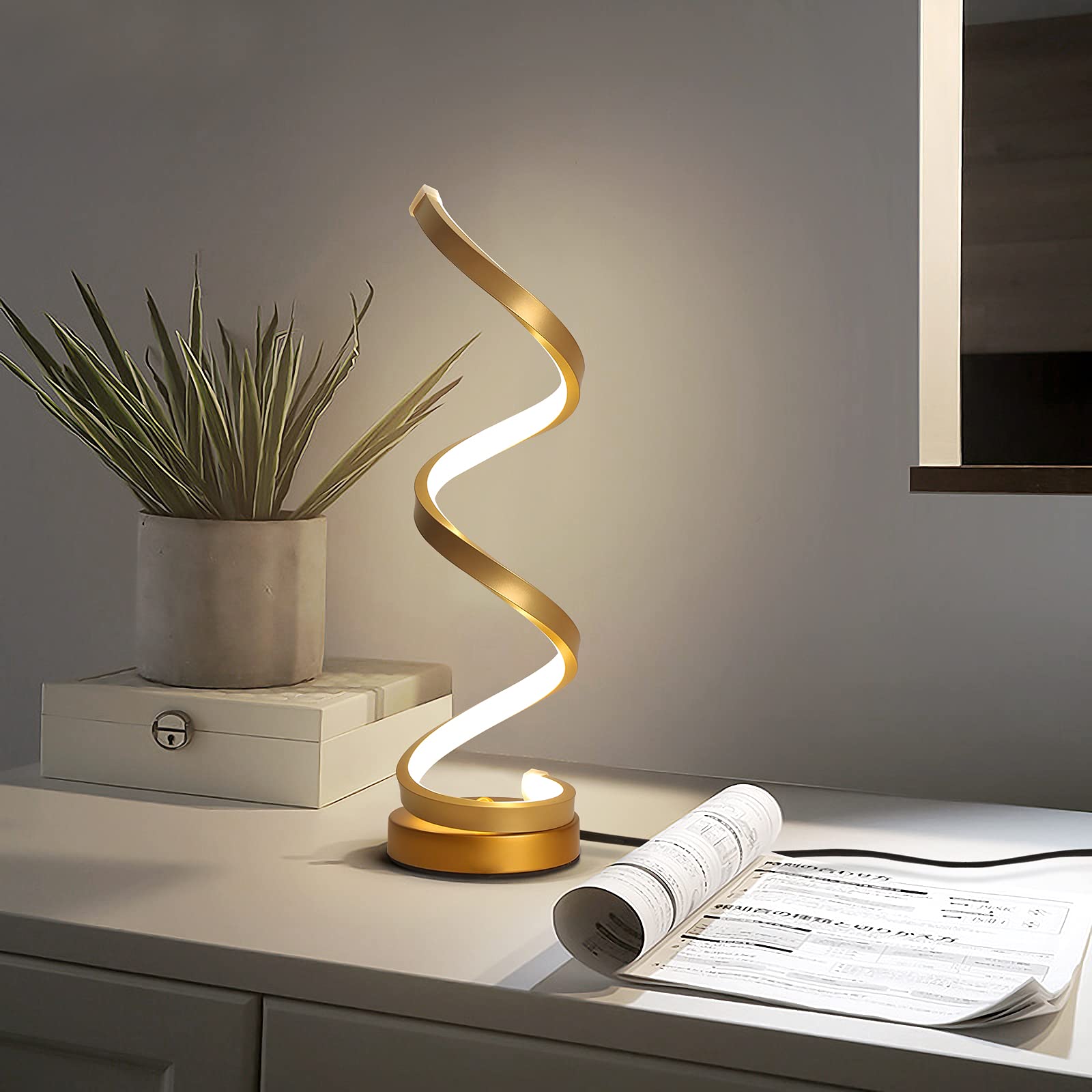 2 Pezzi Lampada da Comodino a Spirale LED Lampade da Tavolo Moderno Oro 16W 4500K Luce Naturale Protezione Degli Occhi Lampada da Scrivania Curvo Per Camera da Letto Soggiorno Spina UE 220V