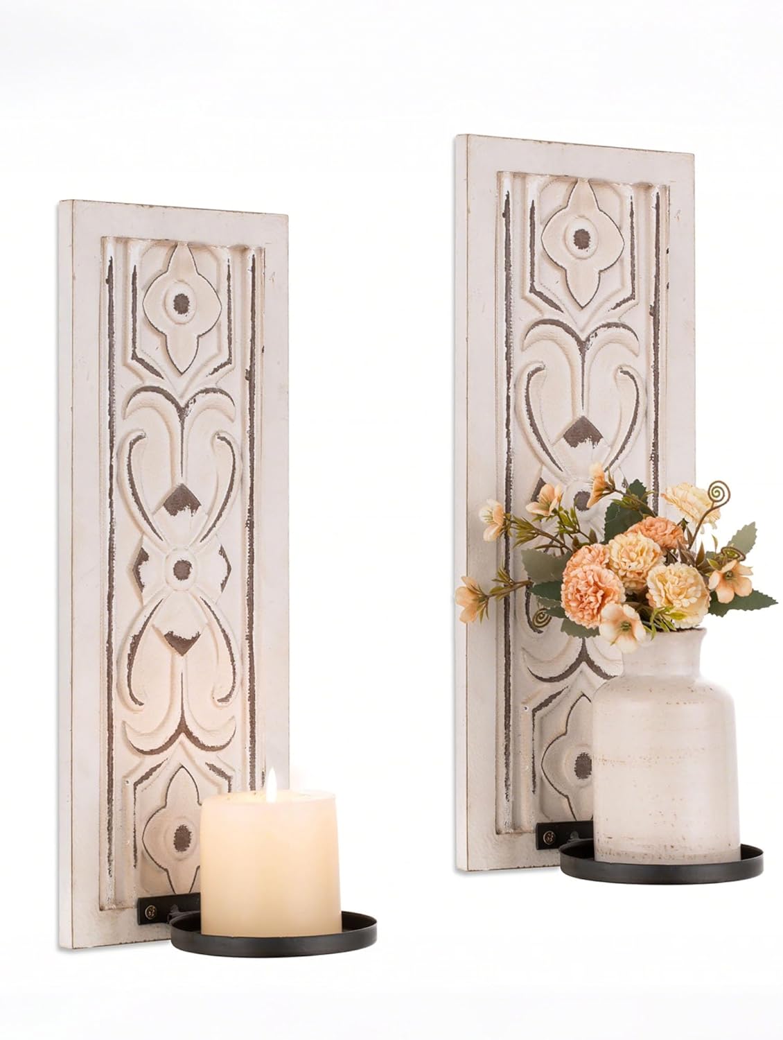 Rustic Candle Sconces Wall Decor Set of 2 - White Farmhouse Art Distressed Thickened Candles Shelf for Bathroom Bedroom Fireplace - Wood Wall Candle Holders for Pillar Candles Plants